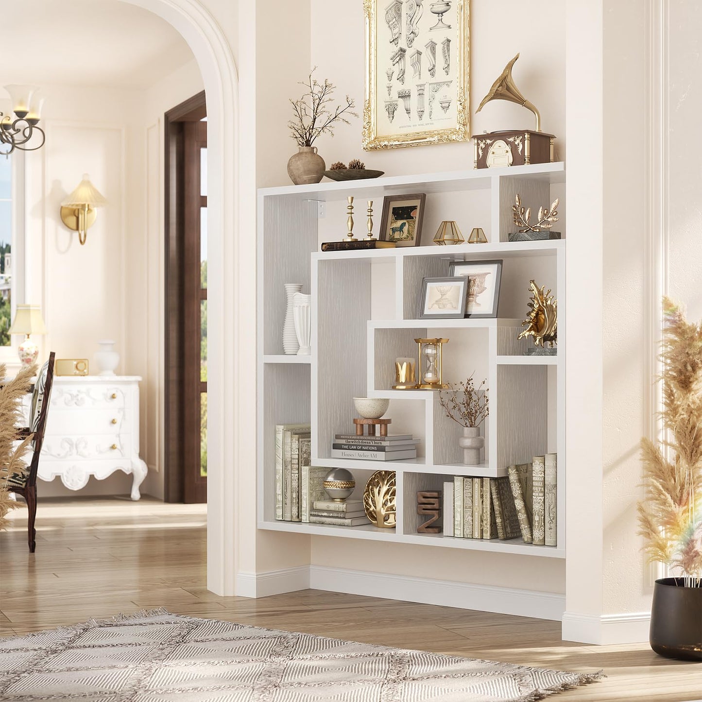 Armocity 6 Tier Display Book Shelf Wall Mounted Bookshelf Freestanding Geometric Bookcase Floating Book Shelves for Wall Bedroom Living Room Home Office, 45.5"(W) * 47"(H), White