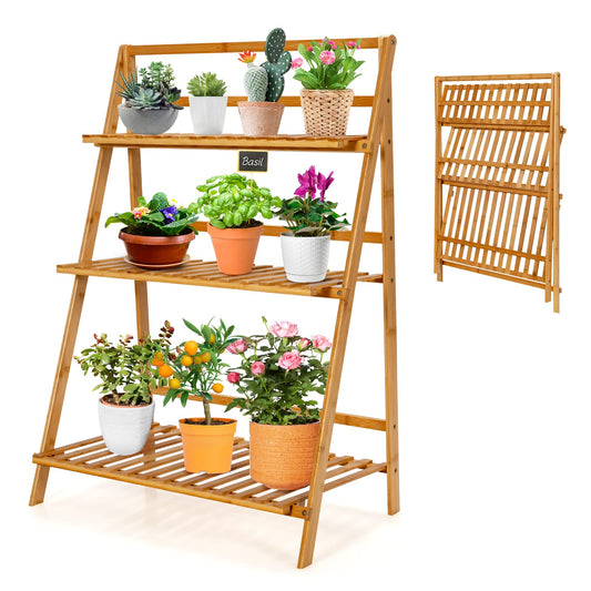 Giantex 3 Tier Folding Storage Shelf, Bamboo Ladder Plant Stand, Multiple Flower Pot Holder Succulent Display Rack, Foldable Shelving Unit for Balcony Garden Living Room Indoor Outdoor