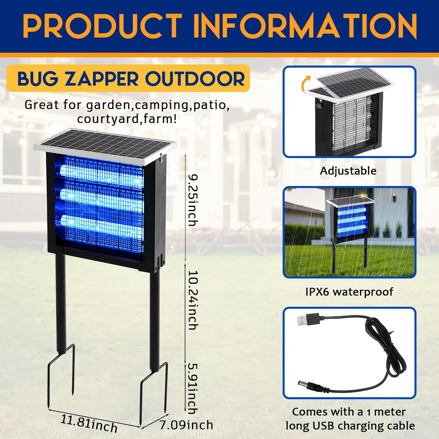 Qualirey 1 Pcs Solar Bug Zapper Outdoor Waterproof Mosquito Zapper with 3000v High Powered Rechargeable Electric Mosquito Killer with Grounding Bracket Fly Insect Trap for Patio Garden