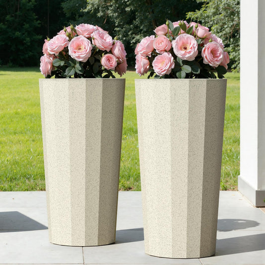 Trygoal 23.6" Tall Outdoor Planters Set of 2, Large Planters for Outdoor Plants for Porch Decor with Drainage Hole, Wide Stripe Design Porch Flower Pots for Indoor Pot Patio/Garden, Off White
