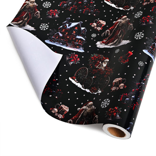 Dtiafu Gothic Christmas Wrapping Paper Roll Black Horror Christmas Santa Claus Skeleton Design Xmas Gift Wrap for Winter Halloween Holiday Party Celebration - Total 28.5sq.ft