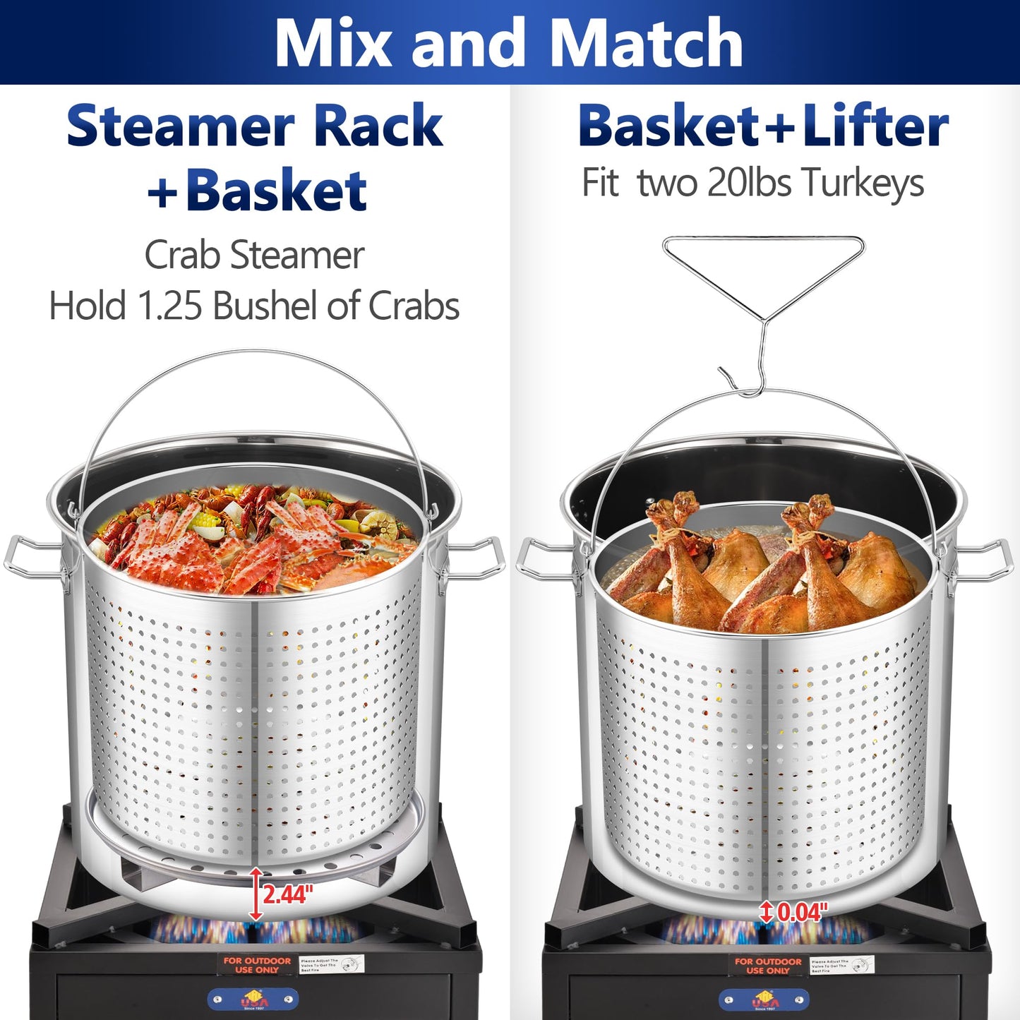 ARC 52QT Stainless Steel Stockpot for Crab Seafood Boiler Crawfish Pot with Basket and Steamer Rack, Outdoor Cooking Pot for Lobster Shrimp Boiling, Turkey Fryer and Tamales Steamer, 13 Gal