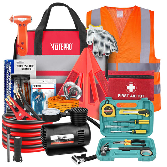 Roadside Emergency Car Kit for Vehicles, Car Emergency Kit with Jumper Cables, Air Compressor, First Aid Kit, Car Safety Tool Kits, Road Trip Assistance for Men, Women, New Driver Gifts