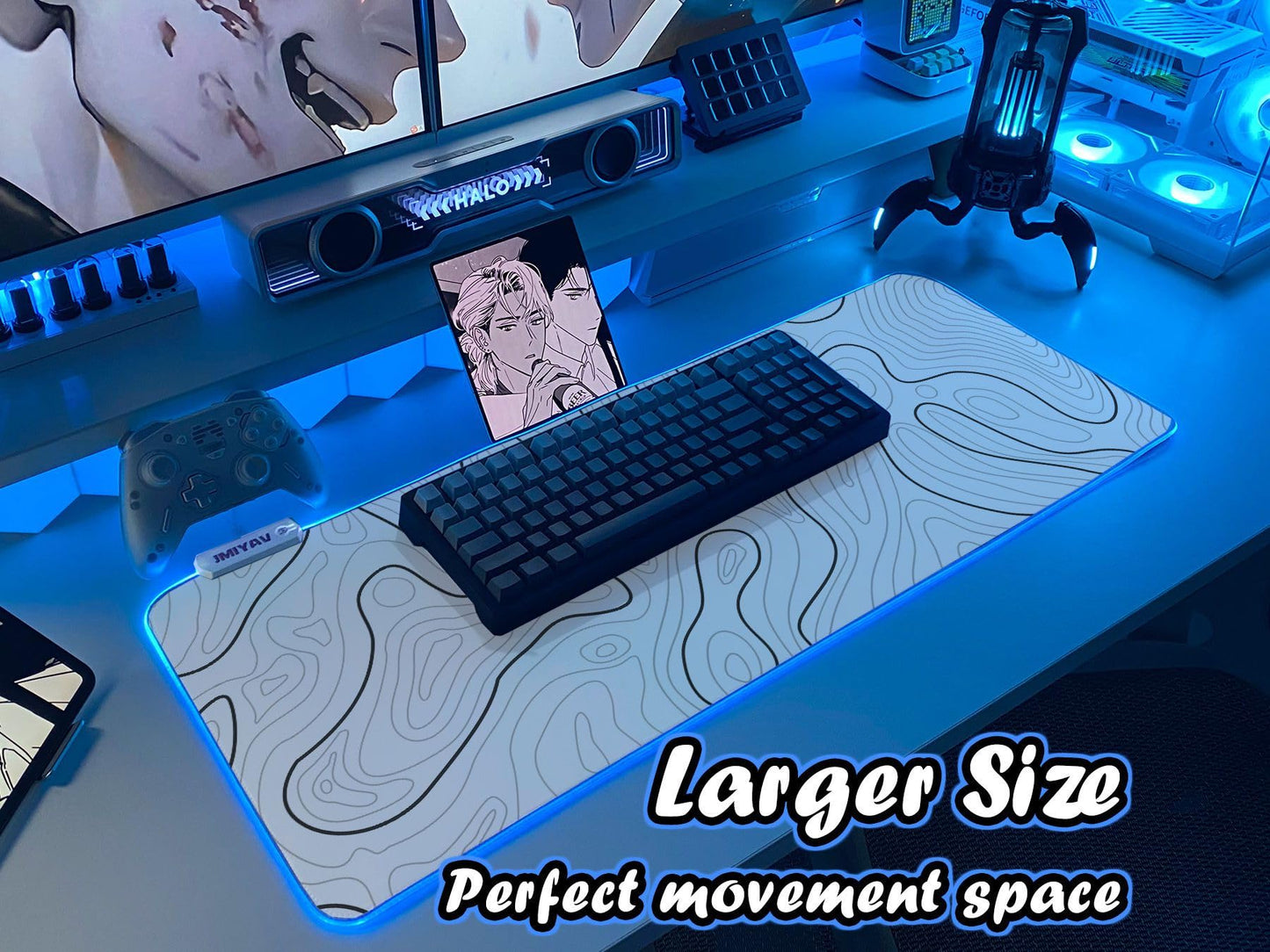 JMIYAV Gaming Mouse Pad RGB Mousepad Non-Slip Rubber Base Extra Large Cool XL XXL Computer Desk Pad Gaming Accessories Setup LED Light Up Big Mouse Pad for Gamer White Topographic (31.5x12In)