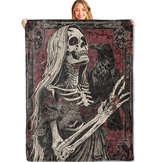 MIEPOS Gothic Skull Throw Blanket,50x60in,Soft,Lightweight Flannel,Skeleton and Raven Vintage Dark Blankets - Gifts for Adult,for Couch Office Travel,Home Living Room Halloween Goth Decor
