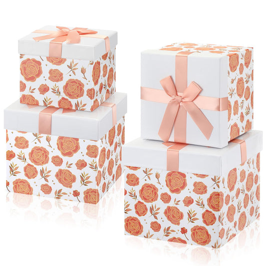 Cholemy 4pcs Spring Floral Gift Box with Lids for Present Decorative Nesting Squared Cardboard Storage Box for Birthday Wedding Bridesmaid Bridal Shower Home Decor Organization(Classic Flower)