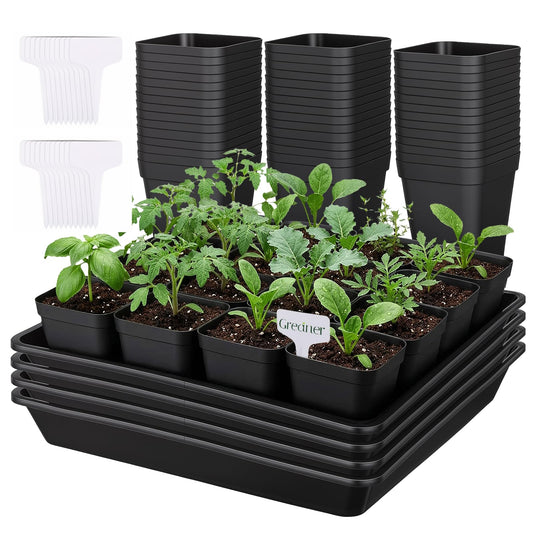 GREANER 4PCS Seed Starting Trays 12 Inch, 60PCS 2.7 Inch Sturdy Seedling Pots with Drain Holes and 20PCS Plant Labels for Indoor&Outdoor Use