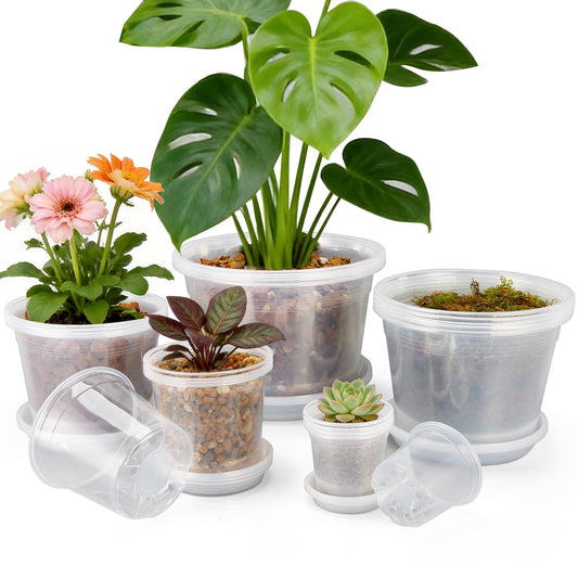 FUOAUYK 12/10/8/6/4 Inch Clear Nursery Pots with Drainage and Saucers, 20 Pack Large Clear Plastic Nursery Pots for Plants, Seedling Plant Pots for Repotting and Growing Plants, Flowers & Vegetables