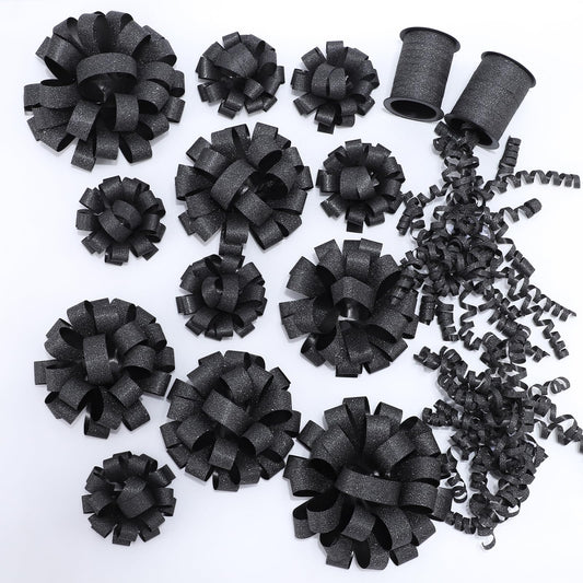 FORBINBO 16 Pcs Gift Bows Assortment - 4 Size Gift Bowsand 2 Crimped Curling Ribbons, Perfect for Christmas, Holiday，Birthdays, Weddings, Baby/Bridal Showers, Party (Black)