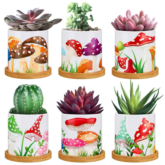 Gejoy 6 Pcs Colorful Mushrooms Planters Cute Mushroom Planter Pot with Removable Bamboo Trays Succulent Pots Vintage Retro Flower Plant Pots for Gift Ideas Indoor Outdoor