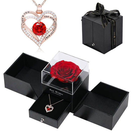 Yabesty Preserved Rose with Love Necklace Jewelry Gift Set, Hand-Made Rose Flower Gifts for Her on Christmas Day,Mother's Day,Birthday, Valentine's Day, Anniversary (Red1)