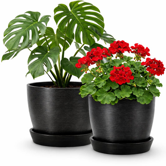 Kin 'n' Kind Set of 2 Minimalist Plant Pots (6.5" & 5.5") – Modern Indoor Planters with Drainage & Saucers & Plugs – Durable Eco-Conscious Composite, Indoor/Outdoor – Marin Night Black