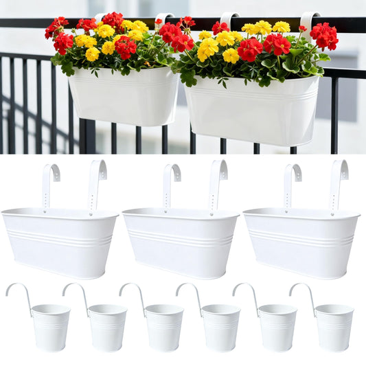 LaLaGreen 11.8 Inch Rail Planter (9-PIECE Combo Set) White Metal Outdoor Railing Fence Planters, Modern Plants Hanging Balcony Gardening for Apartment Garden Style Iron Patio Flower Pots Deck Porch