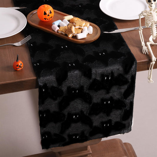 Heirloom Haven Black Bats Halloween Table Runner 13x72 Inch,Soft Plush Faux Fur Jacquard Seasonal Holiday Kitchen Dining Tabletop Runners for Home Indoor Decoration