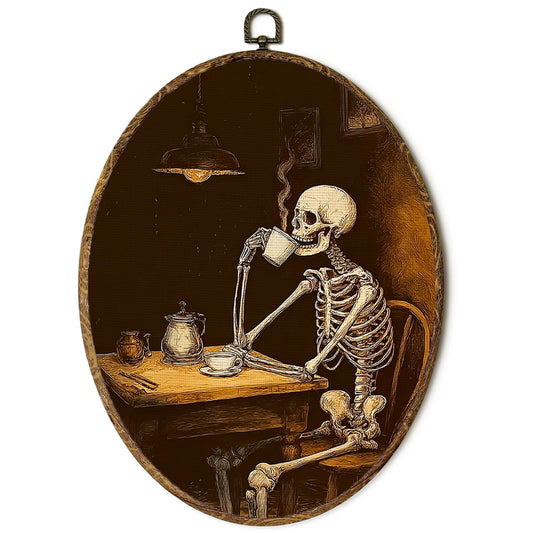 FSTCSV Vintage Halloween Skeleton Oval Wall Art Framed, Spooky Gothic Skeleton Coffee Canvas Prints Wall Hanging Art, Vintage Retro Halloween Oval Walls Decor for Living Room Coffee Bar, 8.8x11.5in