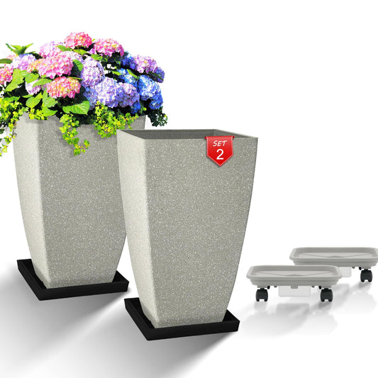 FIASON Set of 2 Large Tall 21 Inch Planter Pots Indoor/Outdoor-Matte Grey Square Flower Planters with Tray for Patio, Front Door, Deck | Weather-Resistant & Lightweight Plastic (Grey)