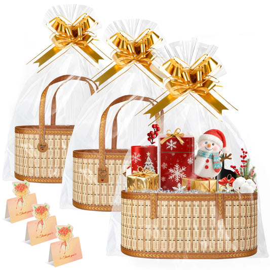 Leevcok 3 Set Baskets for Gifts Empty, Large Bamboo Gift Basket with Handle, Foldable Reusable Decorative Woven Basket for Christmas, Baby Shower, Mother's Day, Housewarming, Wedding