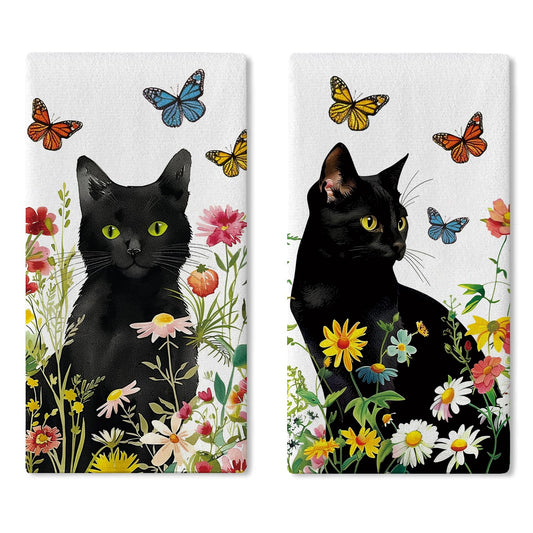 Croar Spring Summer Black Cat Floral Kitchen Dish Towels Set of 2, Daisy Flower Butterfly Drying Hand Towel Baking Cooking Cloth, Wildflower Bathroom Home Decoration Pet Cat Owner Lover Gift 18''x26''