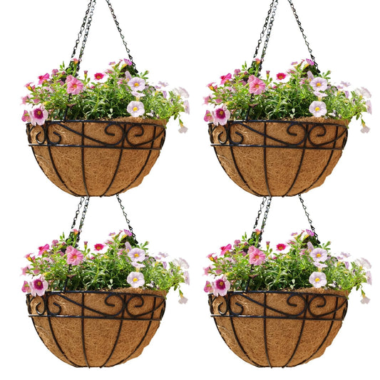 Qusuxi 4 Pack 14 Inch Hanging Baskets for Plants Outdoor Metal Hanging Planter Hanging Flower Baskets with Coco Fiber Liners Chain Round Wire Plant Holder Hangings Flower Pots(Plaid)