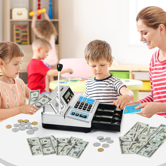 Calculator Cash Register - 103 Pcs Toy Cash Register, Store Set with Microphone, Credit Card and Banking for Kids, Toddler Math Learning Toys, Preschool Gifts for 3, 4, 5, 6, 7, 8+ Years Old Boy Girl