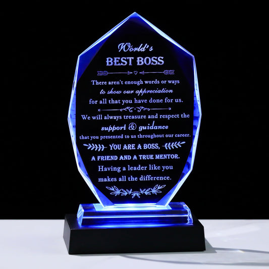 Boss Gifts for Women Men with led Light - Great Boss Day Gifts for Best Boss Appreciation Lady Desk Decoration Paperweight Present for Boss Leaving Retirement Birthday Christmas (Ice-world best boss-WITH LED)