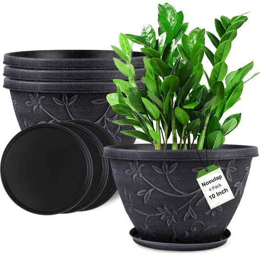 Nooulap 4 Pack 10 Inch Flower Pots for Outdoor Indoor, Plastic Plant Pots with Drainage Hole & Saucer, Lightweight Small Resin Flower Pot, Outdoor Planters Imitation Magnolia for Garden House（Gray）