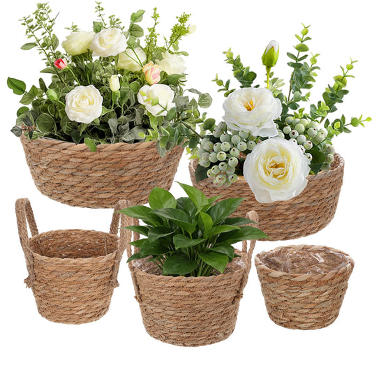 MegoSage 5 Pcs Premium Planter Basket with Plastic Liner Flower Baskets Containers with Handles for Indoor Outdoor Hand Woven Plant Basket for Garden Home Decor Flower Pots Decoration