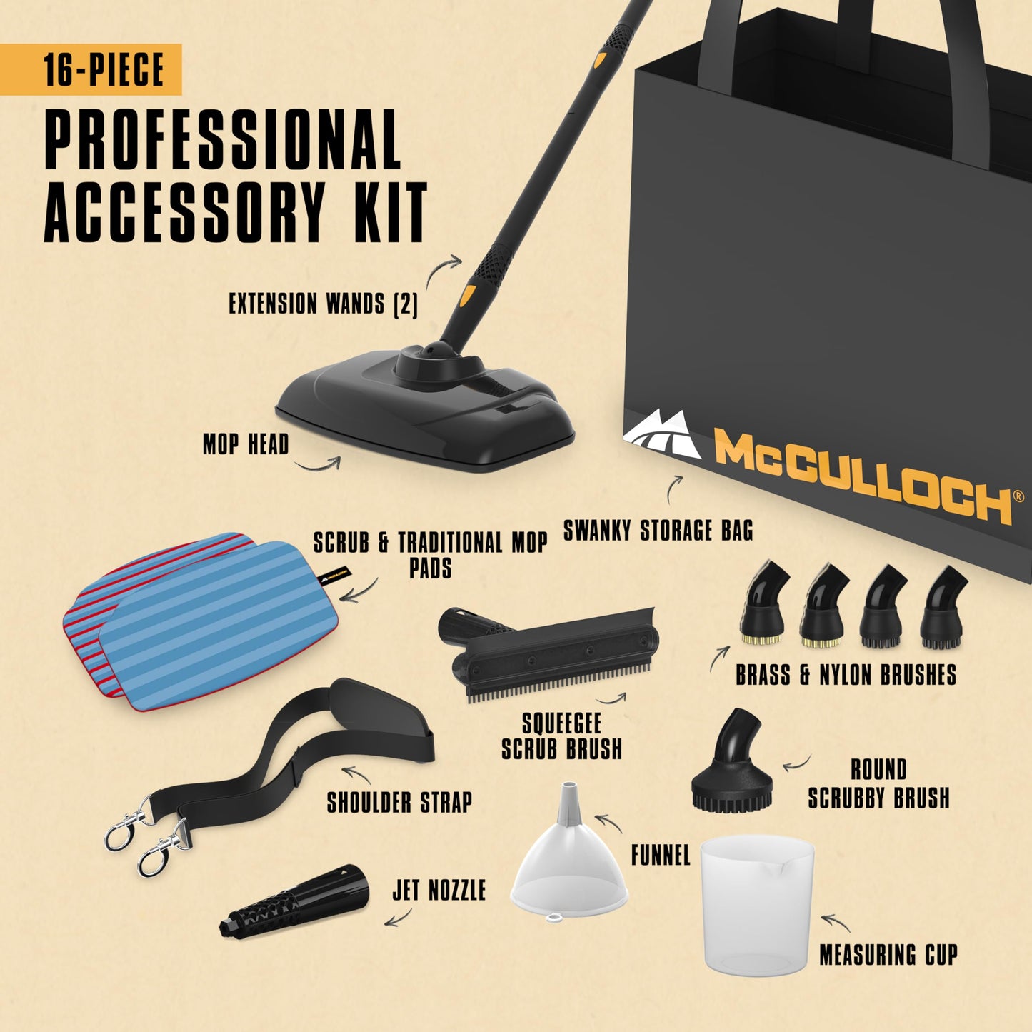 McCulloch MC1270 Portable Power Steam Cleaner, 30 Minute Runtime, 16 Accessories: Mop Head, Brushes, & More - Built for Home, Tile, Grout, Carpet, Furniture, & Personal Car Detailing