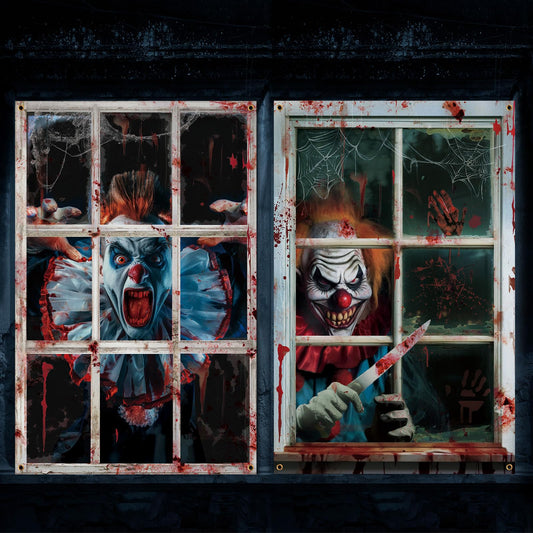 Newwiee 2 Pcs Scary Halloween Curtain Window Silhouette Cover Decoration Theme Poster for Indoor Outdoor Party Wall Door(Clown)