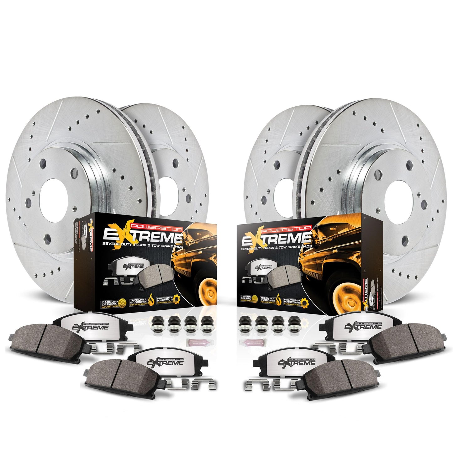 PowerStop Front & Rear Brake Kit For Jeep Gladiator 2020-23 | Jeep Wrangler 2021-22 - Truck & Tow Carbon Fiber Ceramic Brake Pads + Drilled & Slotted Rotors Upgrade, K8509-36