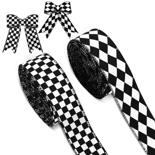 Waydress 2 Rolls/ 20 Yards Black and White Checkered Ribbons Buffalo Checked Harlequin Wired Diamond Gingham Ribbon for Gift Wrapping Racing Car Party DIY Wreath Decor Craft Hair Bow(1.5 Inch Wide)