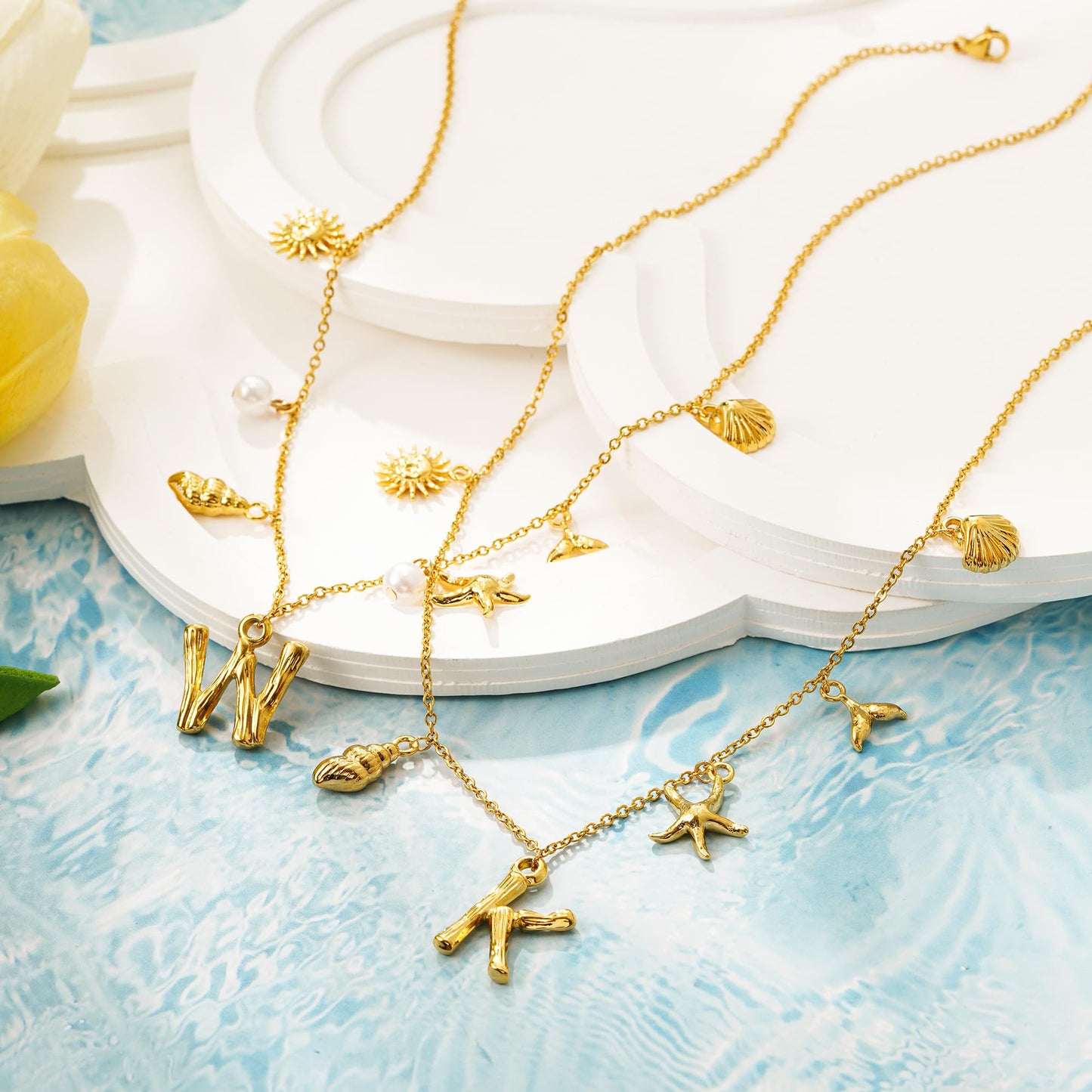 SLOONG Initial Charm Necklace 14K Gold Plated Letter Neckalce Freshwater Pearl Necklace Choker Boho Summer Seashell Beach Starfish Surfer Jewelry Gifts for Women P