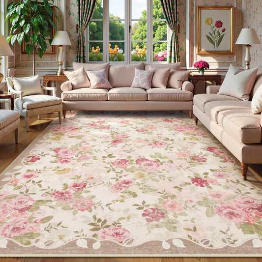 Lahome Vintage Floral 8x10 Area Rugs,Soft Living Room Rugs Boho Large Area Rug Machine Washable, Low Pile Pink Rugs for Bedroom Girls Carpet for Nursery Rug Playroom Dining Room Nina(8'X10',Beige)