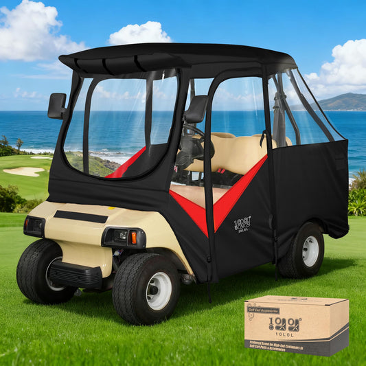 10L0L 4 Passenger Golf Cart Enclosure for Club Car DS (Short Roof 56"), Windproof Waterproof Portable Storage Cover 4-Sided Clear Window & Roll-up Zipper Door - Black Red