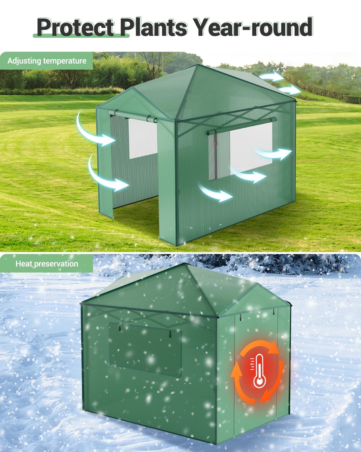 8x6 FT Portable Pops-Up Greenhouse for Indoor/Outdoor Use, Durable PE Cover Walk-in Greenhouse Kit, Zippered Doors & Mesh Windows Tunnel Green Houses, Easy Setup Garden Grow Tent for Plants, Green