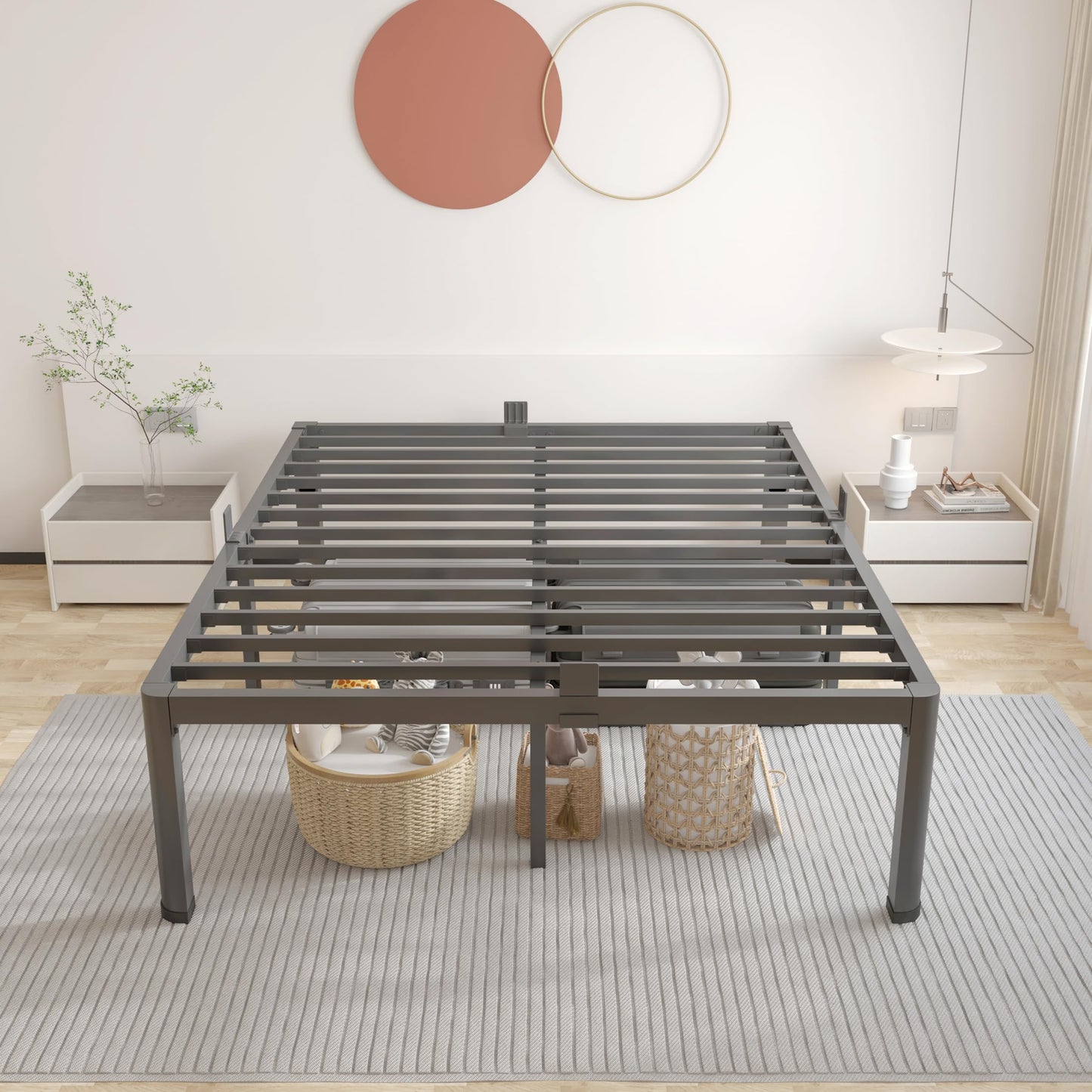 ROIL 14 inch King Size Bed Frame Metal Platform No Box Spring Needed with Headboard Hole Round Corner Legs Mattress Stoppers Retainers 3500LBS Heavy Duty Steel Slats Noise-Free