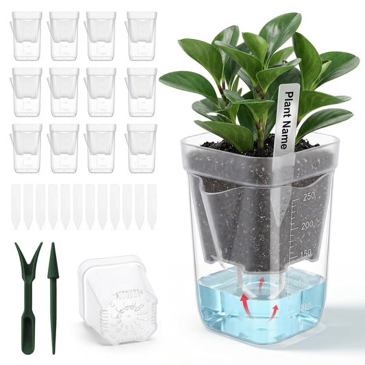 12 Pack 2.5 Inch Self Watering Pots for Indoor Plants, Clear Plastic Propagation Cups with Wick and Plant Labels for African Violets, Semi Hydro Pots,Small Seed Starter Cups, Bottom Watering Planters