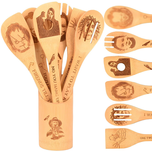 Halloween Bamboo Spoons Set of 7 - Engraved Spooky Wooden Utensils with Holder, Kitchen Decor Gift for Halloween Party Christmas