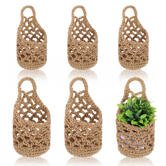 Leooomap 6 Pcs Macrame Hanging Planter Set - 3 Small (5.3"x9") & 3 Mini (4.3"x7.9") Boho Wall Mounted Cotton Baskets for Indoor Plants, Linen Color, Plants & Pots Not Included