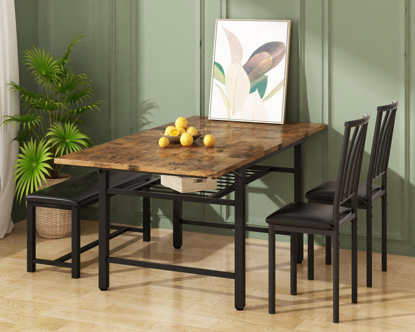 Lamerge 4-Piece Dining Table Set for 3-6 People, 63" Extendable Kitchen Table Set with 1 Bench and 2 Backrest Chairs, Faux Wood Table Square Dining Table Set with Drop Leaf for Small Space