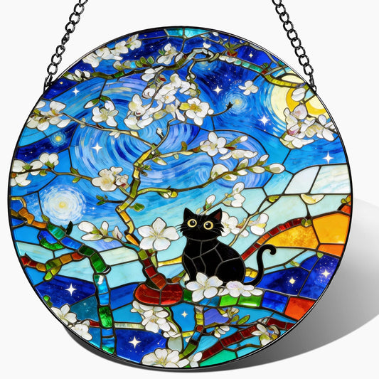 ubcindy Sakura Black Cat Stained Glass Window Hanging, 8'' The Starry Night Art Stained Glass Suncatcher Wall Door Home Decor, Cherry Blossom Sun Catcher for Women Mom Men Office Friends Yoga Gifts
