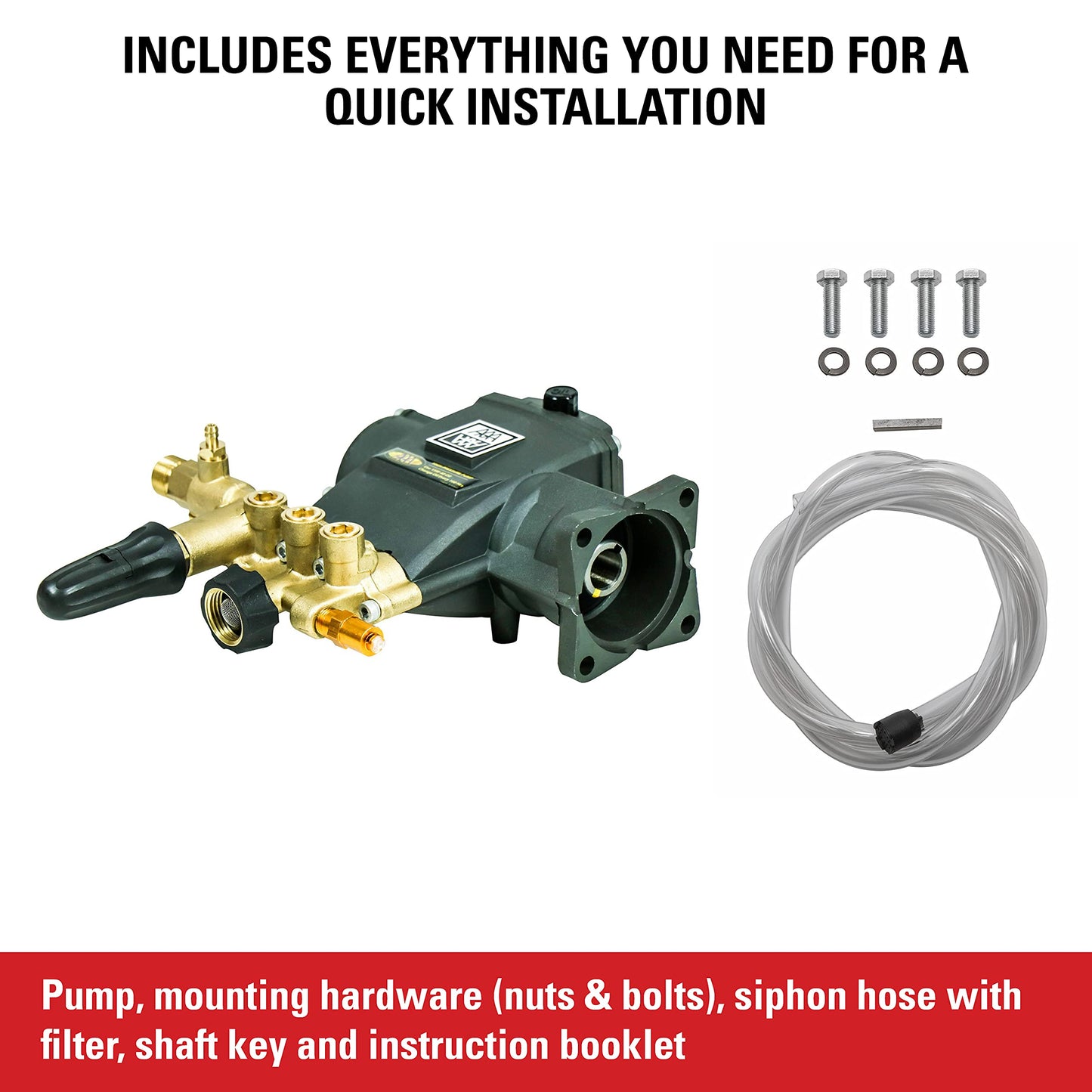 AAA 90036 Horizontal Triplex Plunger Replacement Pressure Washer Pump Kit, 3200 PSI, 2.8 GPM, 3/4" Shaft, Includes Hardware and Siphon Tube, for Industrial Gas Powered Machines, Black