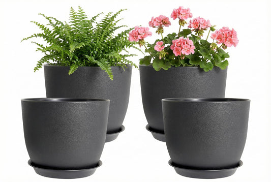 XQSHPDM 8 Inch Plant Pots Set of 4, Plastic Planters with Drainage Holes and Tray, Flower Pots for Indoor Outdoor Plants and Flowers (Black)