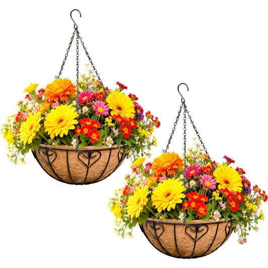 Qusuxi 2 Pack 12 Inch Metal Outdoor Hanging Baskets Black Heavy Duty Hanging Planters with Coco Liners for Indoor Outdoor Plants Gardens Patios Terraces（Heart-Shaped）