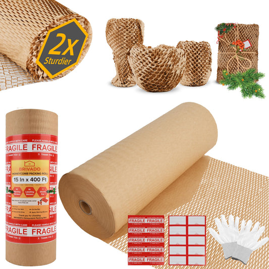 BRIVADO Honeycomb Packing Paper 15"x400' Roll with Fragile & Labeling Stickers, Gloves - Bubble Wrap for Moving,Products & Gifts Wrapping Paper, Recyclable & Biodegradable Cushioning Packing Material