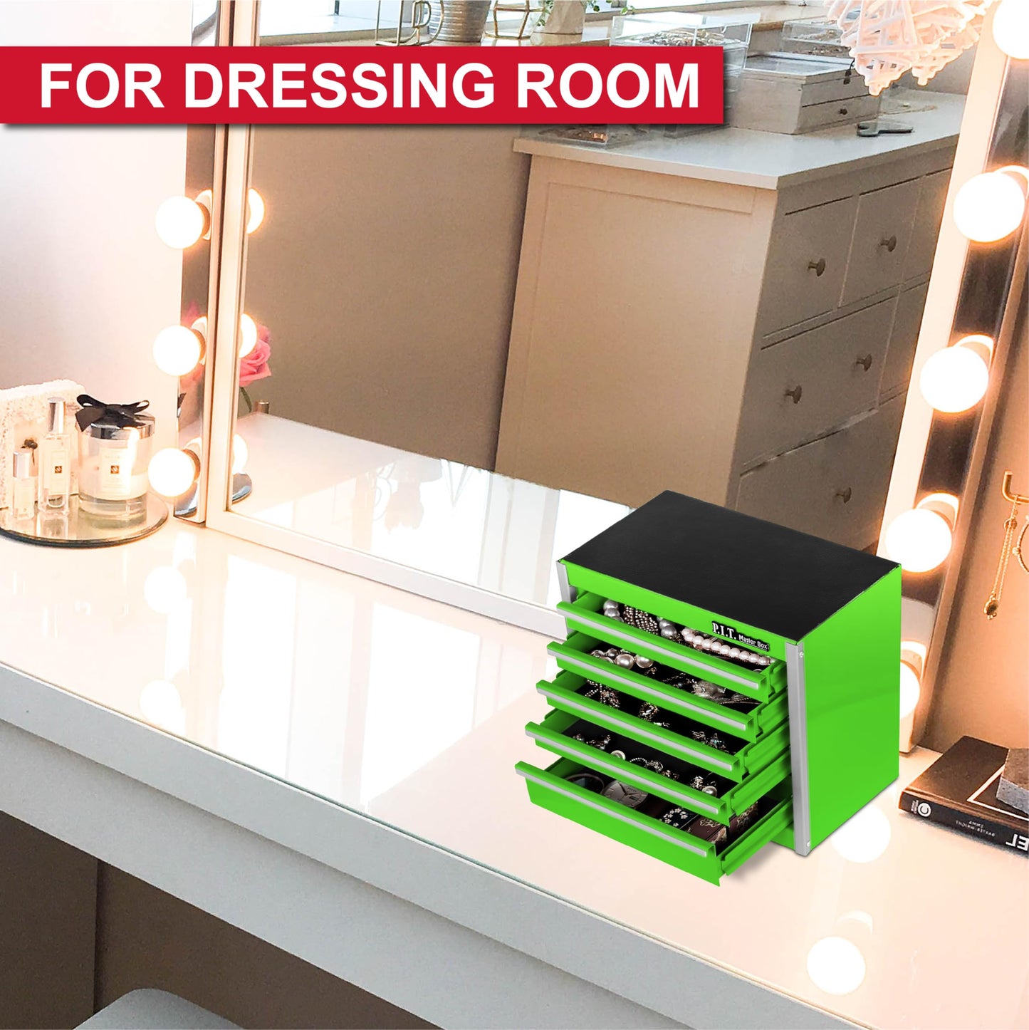 P.I.T. Mini Green Tool Box, Portable 5-Drawer Micro Roll Cab Steel Tool Box with Liner, Green Small Tool Case for Tools Storage, Home DIY
