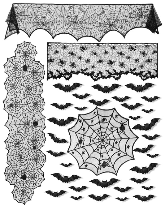 eZAKKA 5 Pack Halloween Decorations Indoor Halloween Spider Web Tablecloth Table Runners Fireplace Mantel Scarf Cobweb Lampshade Scary 3D Bats for Parties Gothic Spooky Home Decoration