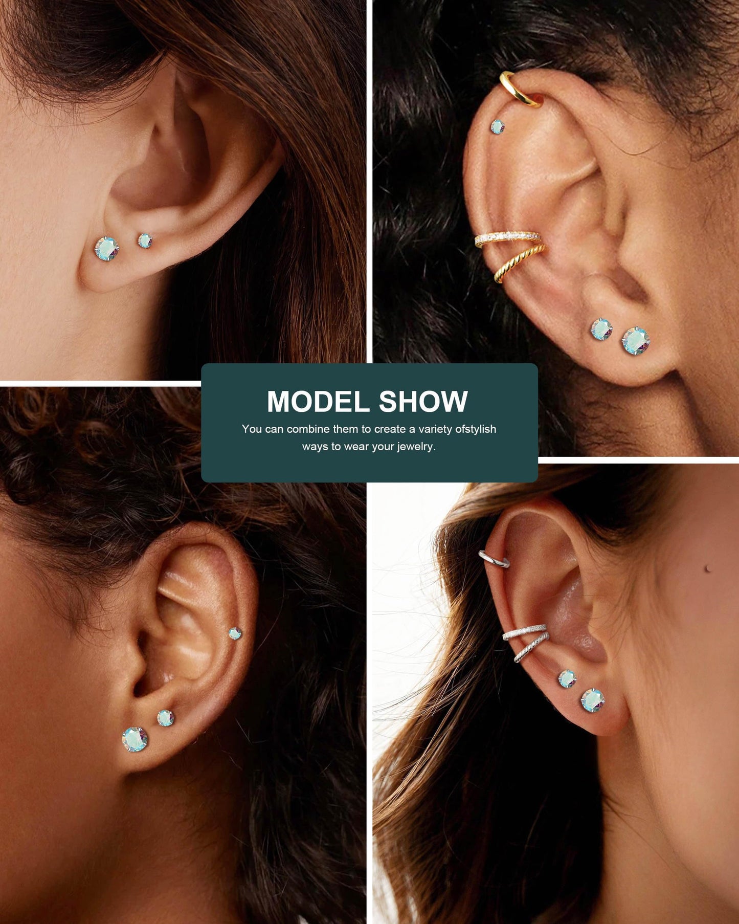 6 Pairs Stud Earrings Set, Hypoallergenic Cubic Zirconia Earrings 316L Stainless Steel CZ Earrings 3-8mm (A-Aurora Borealis CZ)