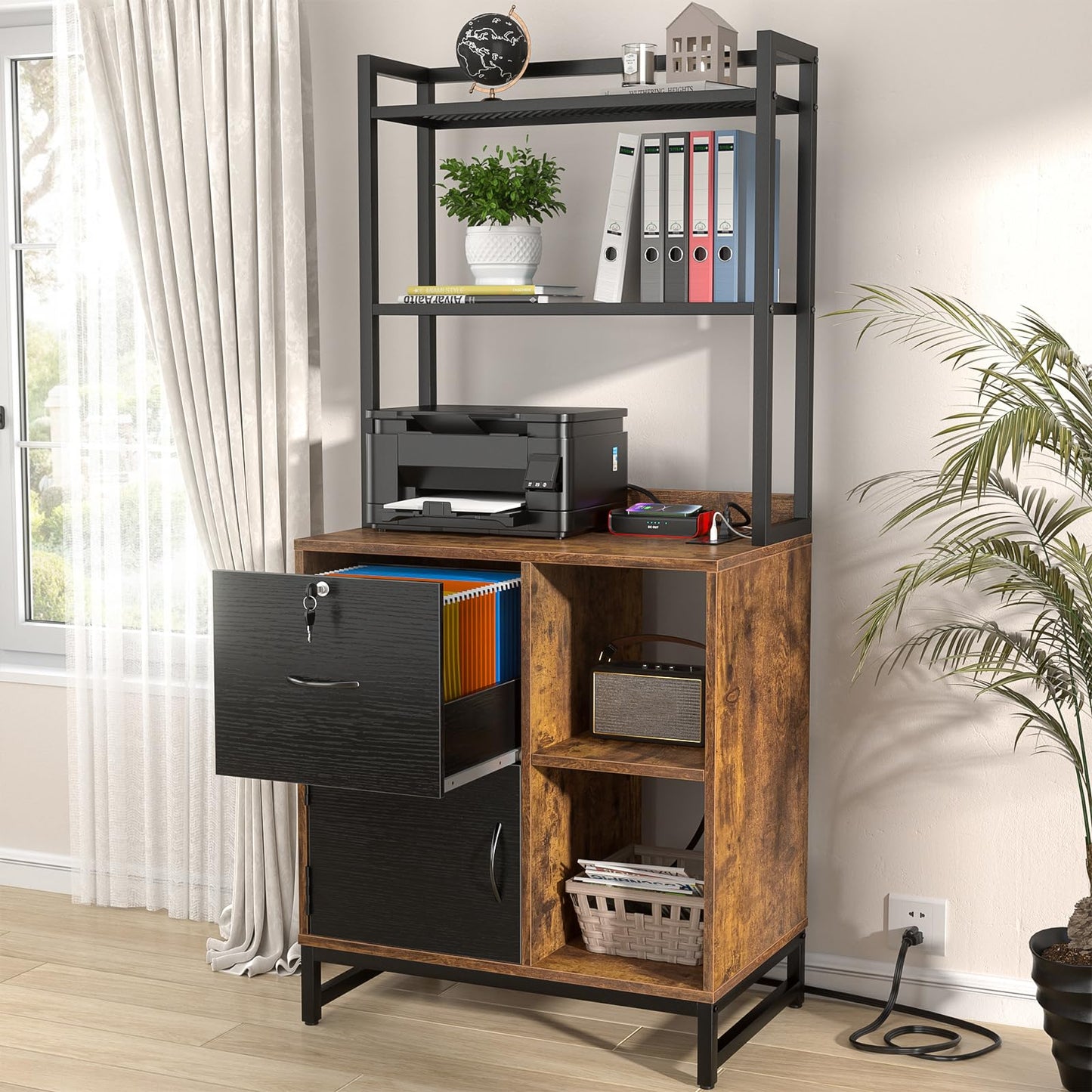 Homieasy Vertical Filing Cabinet with Bookshelf for Home Office, File Cabinet with Shelves, Lock & Charging Station, Drawer Office File Cabinets with Printer Stand, fits Letter Size, Rustic Brown