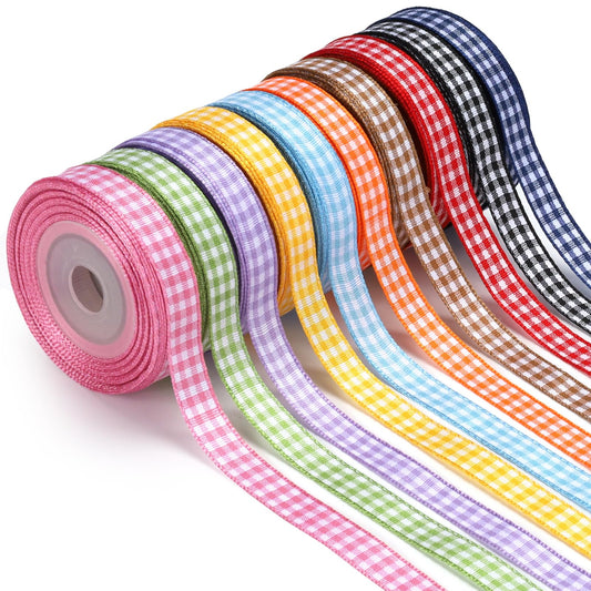 LaRibbons 10 Color 100 Yards Gingham Ribbon Variety Pack, 3/8" X 10 Yards/Roll Assorted Spring Easter Plaid Ribbon for Crafts, Gift Wrapping, Hair Bows, Birthday, Babyshower Decoration